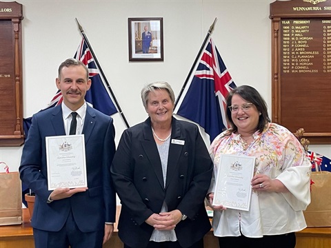 Gabriel Garcia, Mayor Ruth McRae and Helette Ferreira at their Citizenship Ceremony 25 October 2024