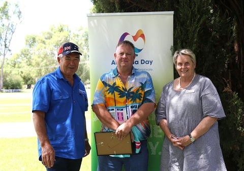 2024 Darlington Point Australia Day Citizen of the Year Troy Heath with Ambassador John Harper and Mayor Ruth McRae