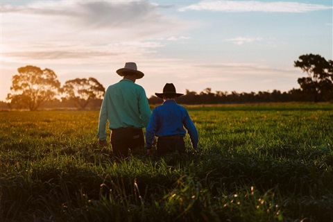 Coleambally father son in field at sunset